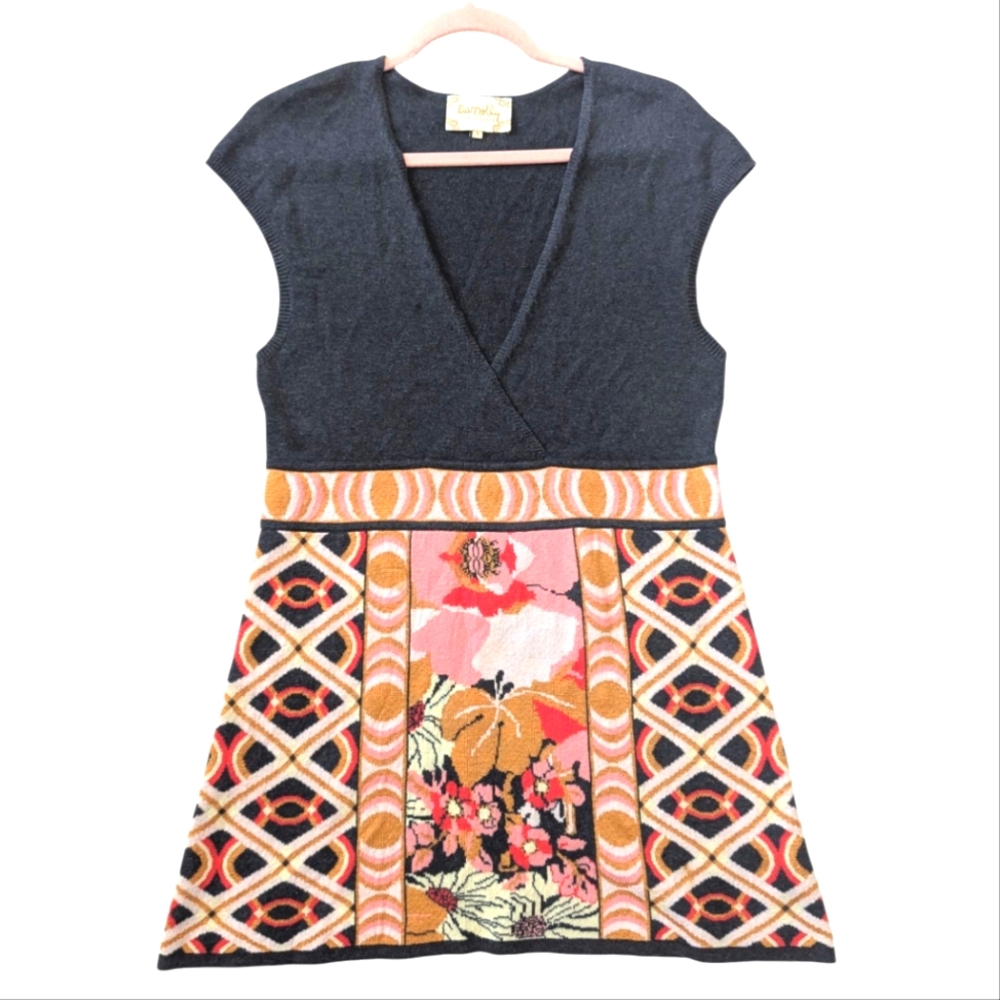 Anthropologie Lia Molly Deep V Neck Sweater Dress Size Large Gray Floral Print